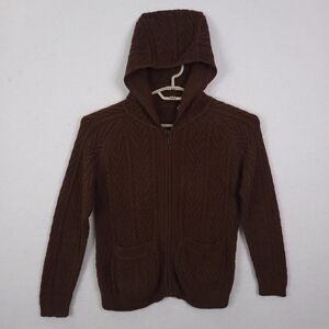 BABY ALPACA AND SILK Brown Hooded Cable-Knit Zip Cardigan Sweater